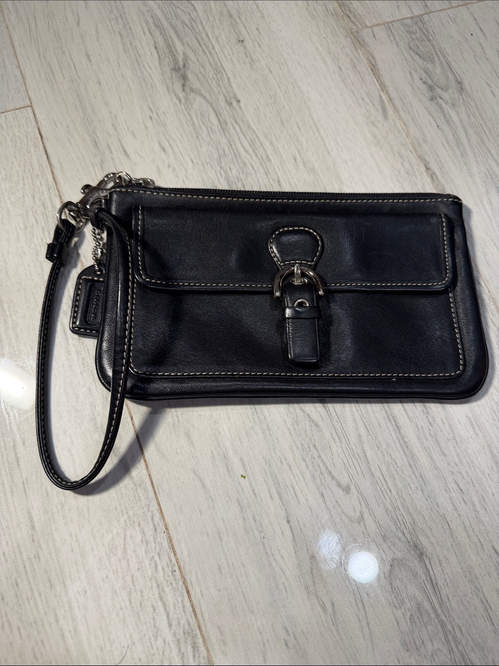 Coach Black Leather Wristlet Clutch with Buckle Detail